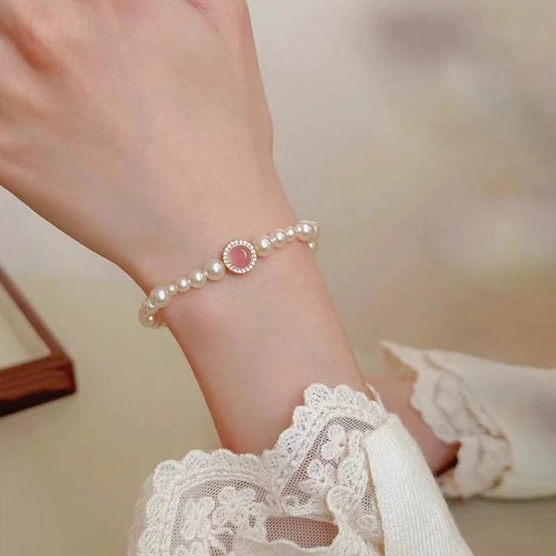 French Elegant Pearl Beaded Bracelet 2026 Luxury Design Pink Opal Pendant Bracelets For Women's Girl‘s Sweet Accessories Jewelry