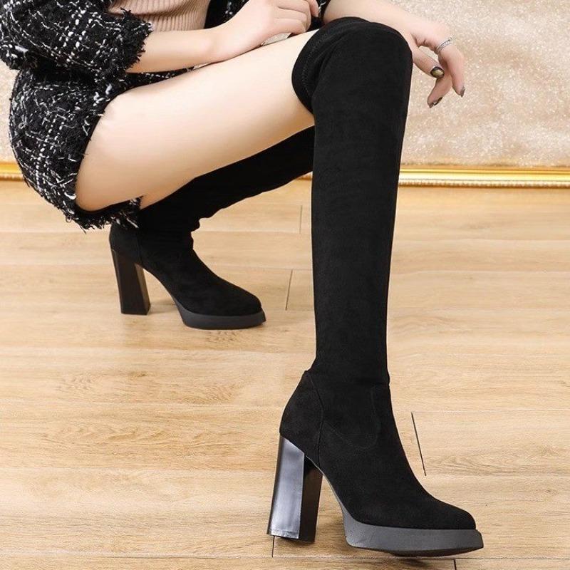 

Женские длинные сапоги на высоком каблуке, эластичные облегающие сапоги с высоким голенищем, поддержка осень-зима, резиновые, с острым носком, форма, зимние сапоги 35 чёрный