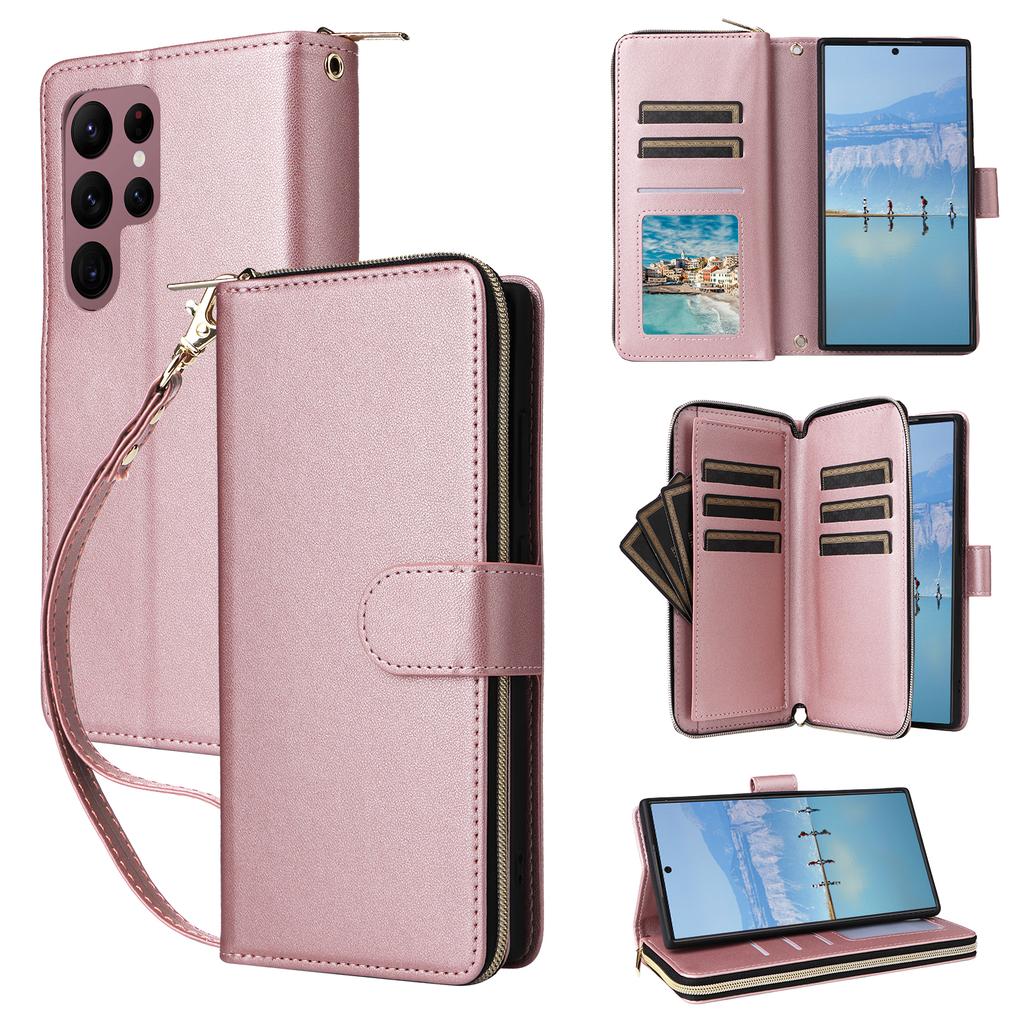 R20 For Samsung Galaxy S22 Ultra 5G Leather Case Zipper Pocket Stand Phone Cover