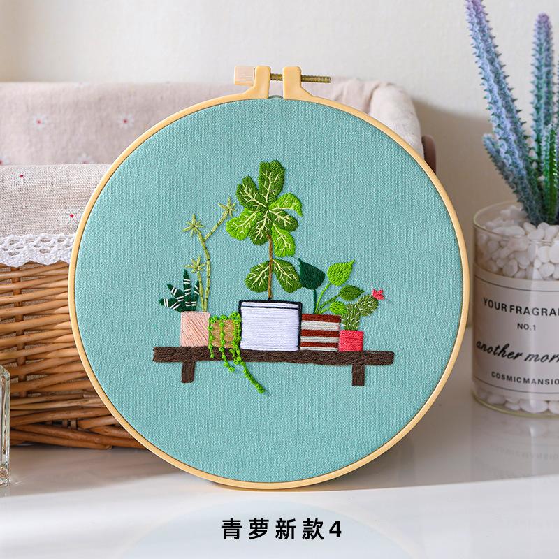 Pacote de Material para Bordado Artesanal DIY Estilo Europeu, Endro Verde Verde, Cesta Suspensa de Endro Verde, Flor de Cacto e Grama Conjunto de Agulha e Linha