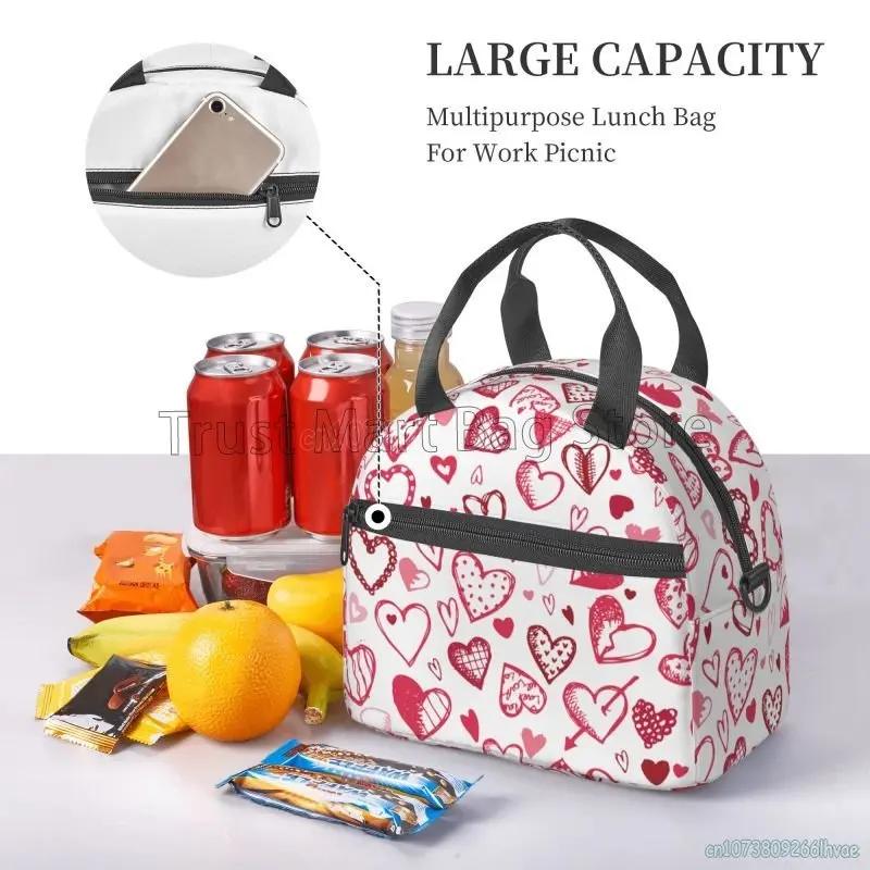 Love Hearts Pattern Insulated Lunch Bag Leakproof Cooler Thermal Bento Tote Bag Red Love Heart Lunch Box for Work Picnic Beach
