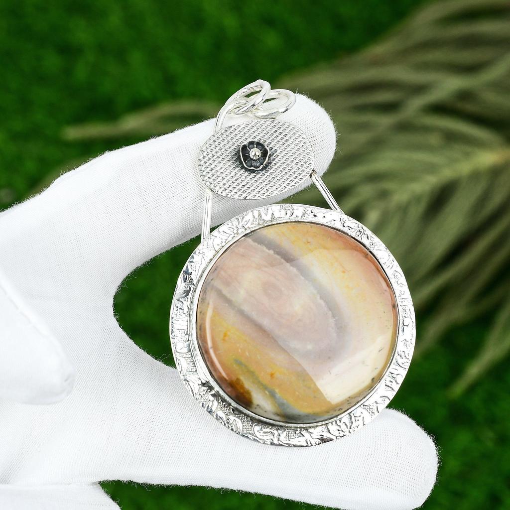 Anniversary Gift For Her Natural Polychrome Jasper Gemstone Pendant 925 Silver
