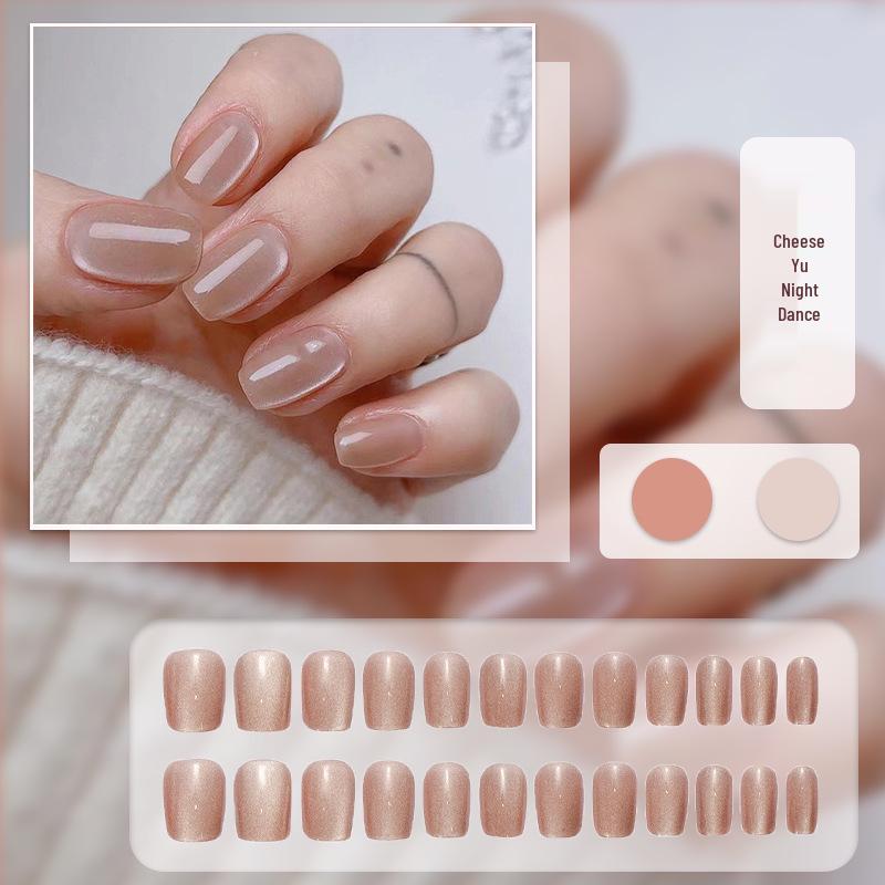 Cat Eye Press-On Nails: Luxurious Nail Art Tips with Stone Glass Beads In Long & Short Whitening Styles