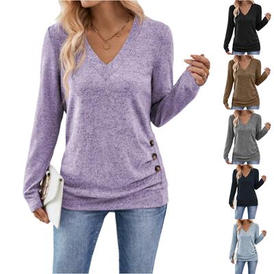 Women's Casual Fashion Solid Color V-Neck Long Sleeve Button Top