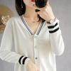 V-neck Knitted Cardigan for Women's Thin Style Cotton Thread Jacket Spring and Autumn New Slim Body Long Sleeve Short