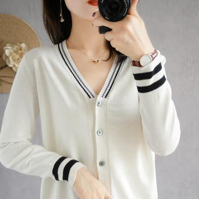 V-neck Knitted Cardigan for Women's Thin Style Cotton Thread Jacket Spring and Autumn New Slim Body Long Sleeve Short