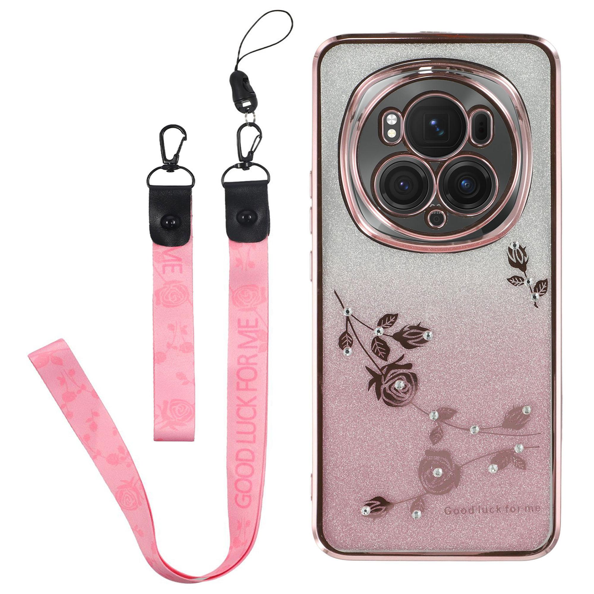 

For Honor Magic6 Pro 5G Case TPU Phone Cover with Lanyard Rhinestone Decor Sparkle Shiny Rose Gold