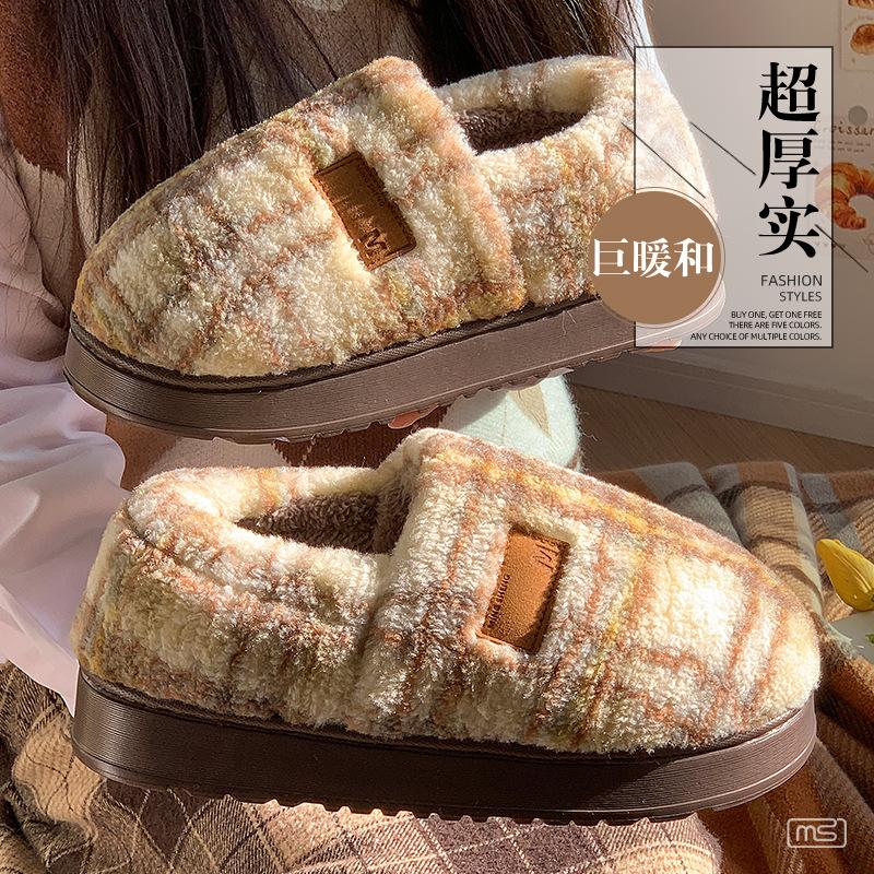 Winter new cotton drag plaid bag and cotton shoes with velvet warm thick sole