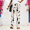 Women Plus Size Loose Straight Long Pants Blue White Printed With Pockets
