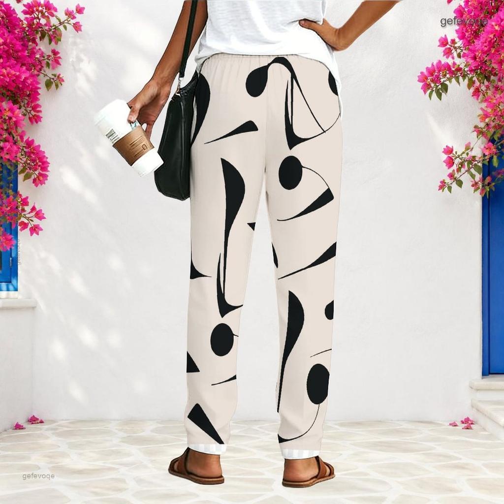 Women Plus Size Loose Straight Long Pants Blue White Printed With Pockets
