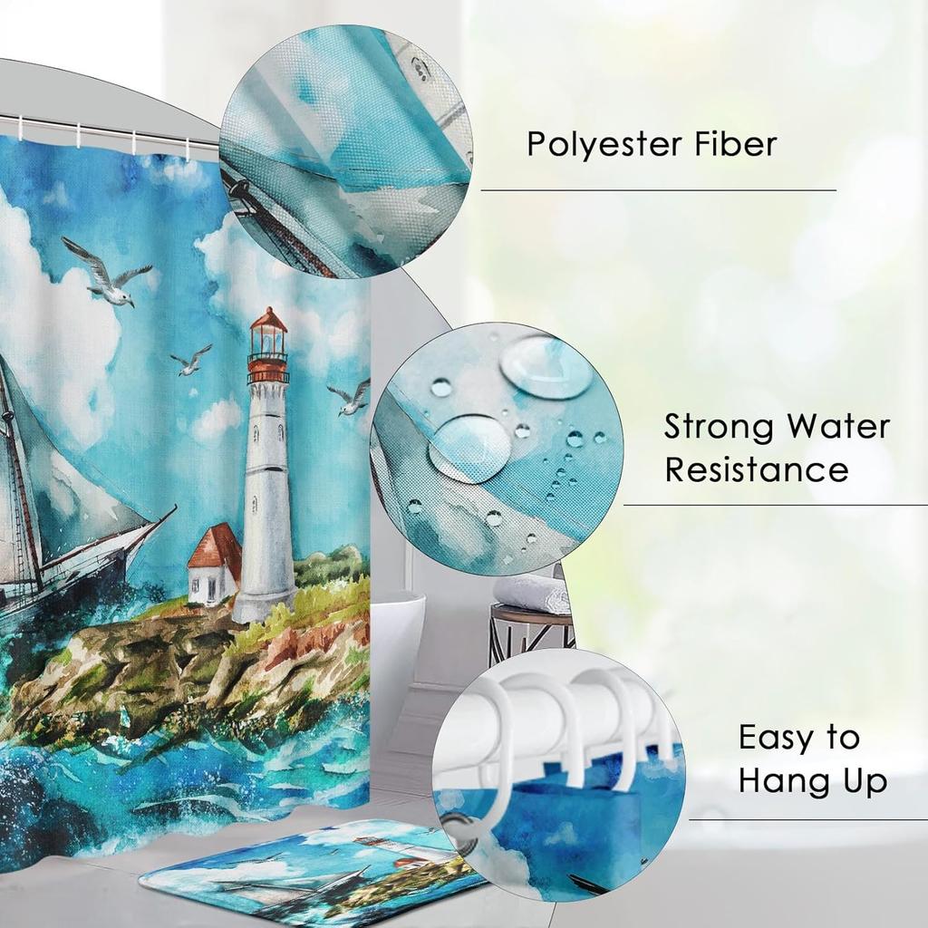 4 Pcs Shower Curtain Sets, Boat Lighthouse Ocean Waterproof Blue Bathroom Sets with Non-Slip Rugs, Toilet Lid Cover and Bath Mat, Accessories Modern