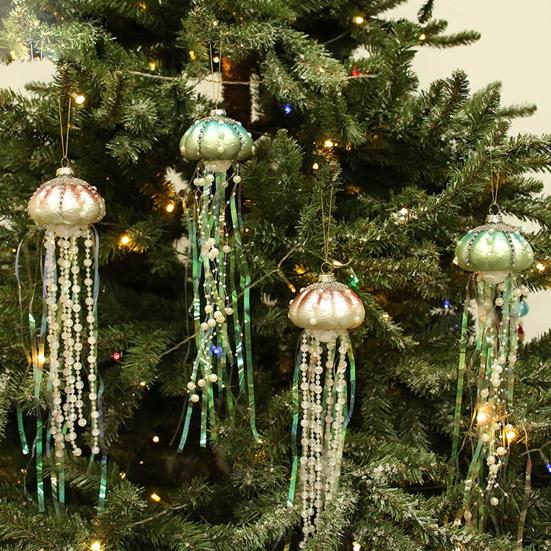 4Pcs Jellyfish Decoration Fine Workmanship Good-looking Long Lifespan Festive Stylish Increase Atmosphere Plastic Xmas Glass Pearl Jellyfish Pendant