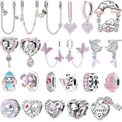 New Copper Pink Family Charm Rabbit Butterfly Heart Earring Bead Pendant Fit Original Bracelet Necklace Diy Jewelry