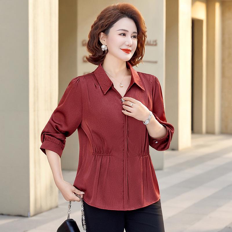 

Spring/Summer Stylish Waist-Cinched Long-Sleeve Blouse for Middle-Aged and Elderly Women 3XL червоний