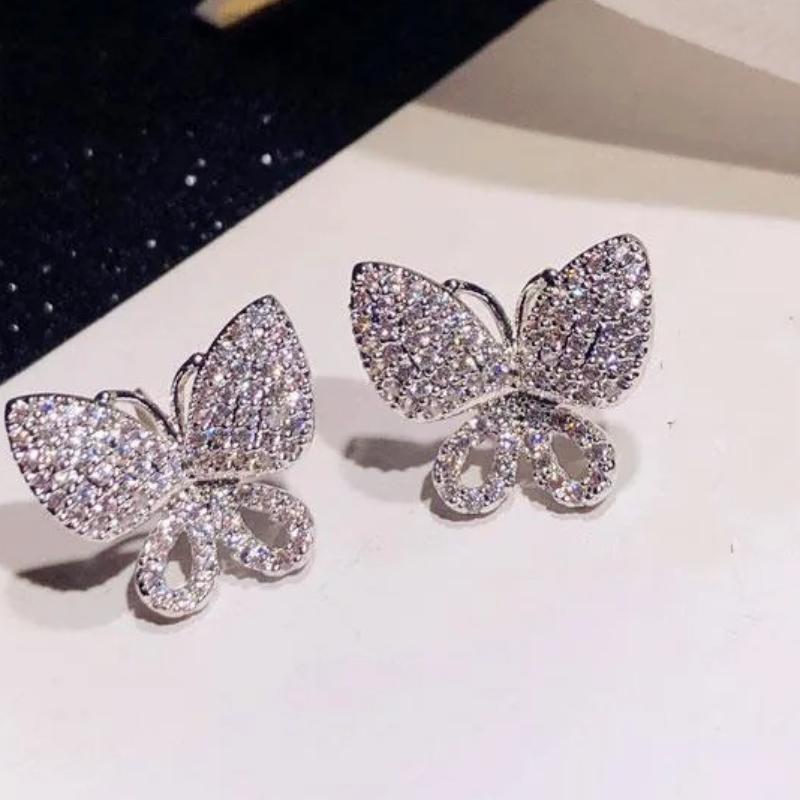 Elegant 925 Sterling Silver Butterfly Micro Inlaid Full CZ Zircon Crystal Stud Earrings for Women Pendientes Oorbellen Brincos