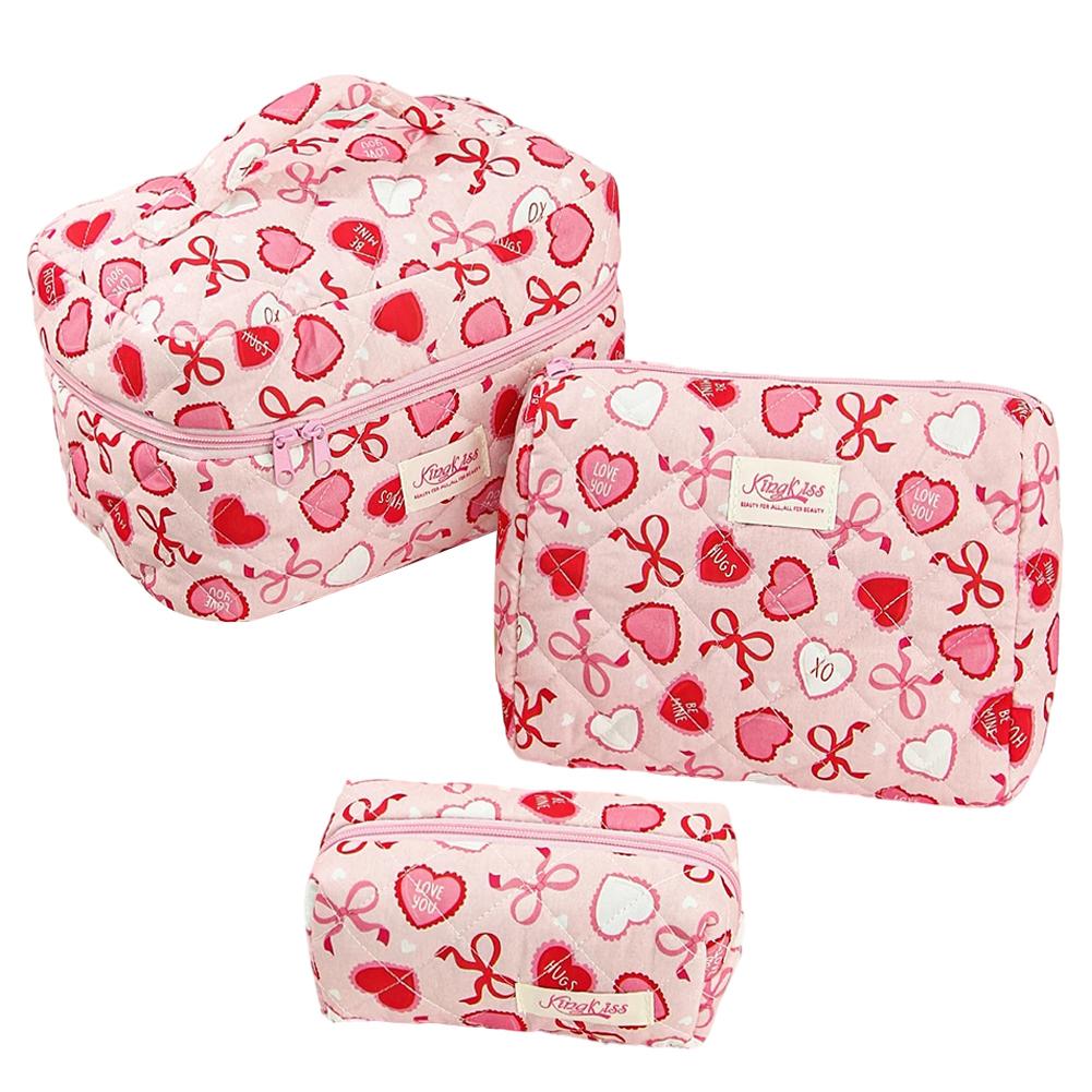 3pcs Cotton Quilted Travel Makeup Bags Large Cosmetic Bags Toiletry Organizer Bags for Women and Girls
