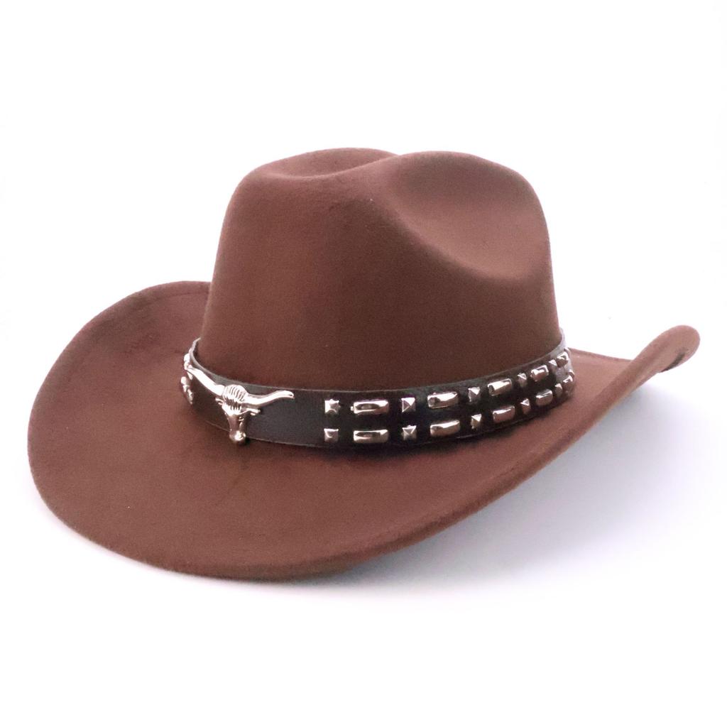 New Western Cowboy Hat Cow Head Belt Accessories Cowboy Hat Versatile Solid Color One-word Retro Cowboy Hat