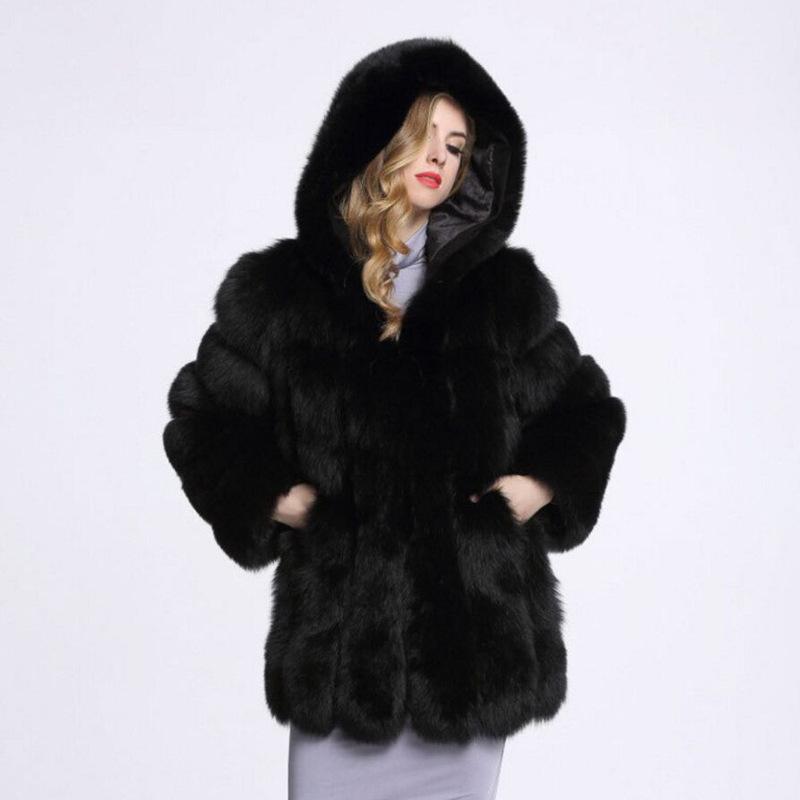 Women's Autumn And Winter Fashion Faux Fur Medium Long Coat Temperament Hooded Loose Plush Coat Casual Warm Jacket