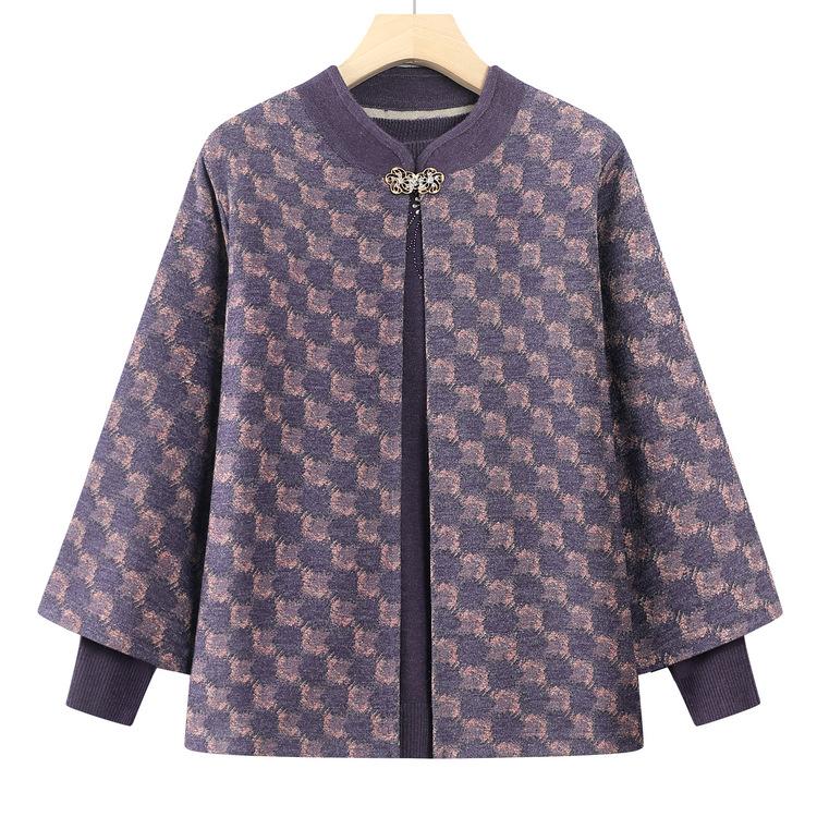 

New Style Mother Autumn Clothes Fashionable Cardigan Two-piece Set Middle-aged and Elderly Women s Grandma Autumn and Winter Knitted Sweater Jacket 3XL фиолетовый