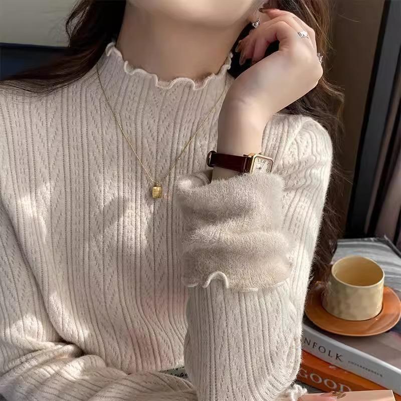 White Bottomed Shirt Women's New Autumn and Winter with Semi-turtleneck Sweater with Fungus Edge Knitted Sweater Top