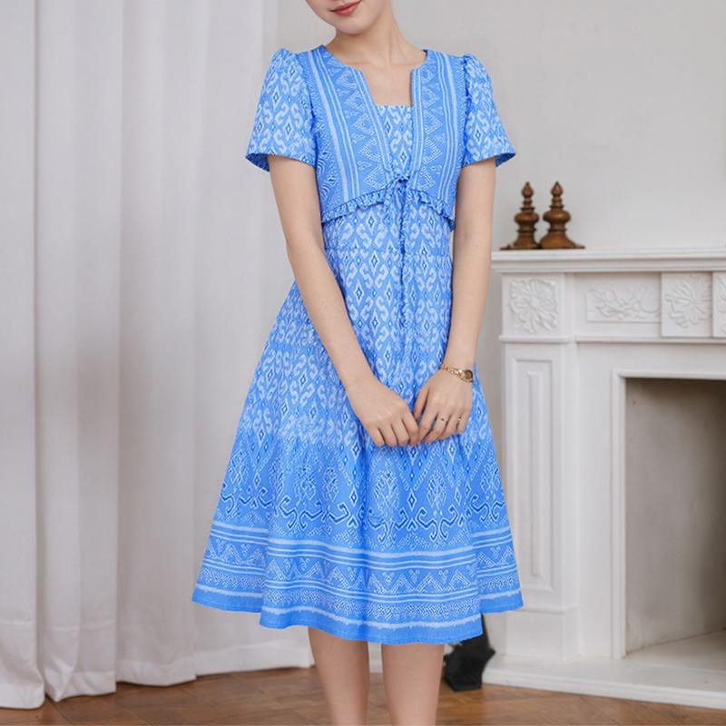 

ZANZEA Женское повседневное летнее платье с V-образным вырезом и коротким рукавом с принтом 2XL синий