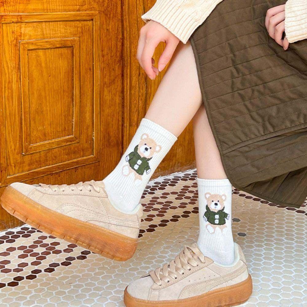 Cartoon Bear Patten Korean Style Socks Middle Tube Hosiery Girls Cotton Socks College Style Hosiery