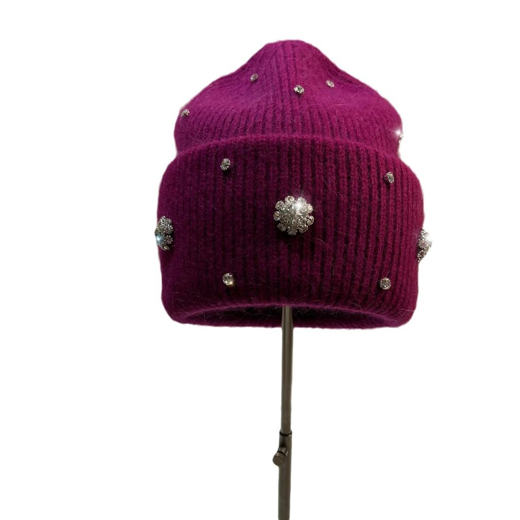 Winter Light Luxury Niche Rhinestone Heavy Industry Knitted Hat Celebrity Outdoor Warm Rabbit Hair Pullover Hat