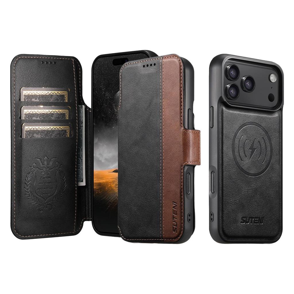 Étui à rabat magnétique en cuir pour iPhone 17 Pro Max & Samsung S25U avec chargement sans fil