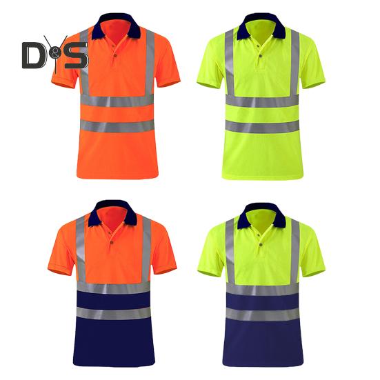 Gut sichtbares Sicherheits-T-Shirt mit Reversknopf und reflektierendem Band. Schnelltrocknendes, atmungsaktives Arbeitskleidungs-Sicherheitsoberteil für Bauarbeiter
