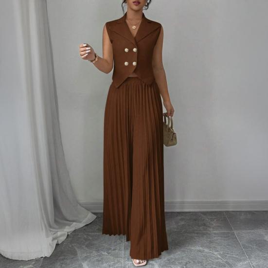 Damen 2-teilige Westen-Sets Ärmellos Knopfleiste Crop Blazer Weste Und Weite Faltenhose