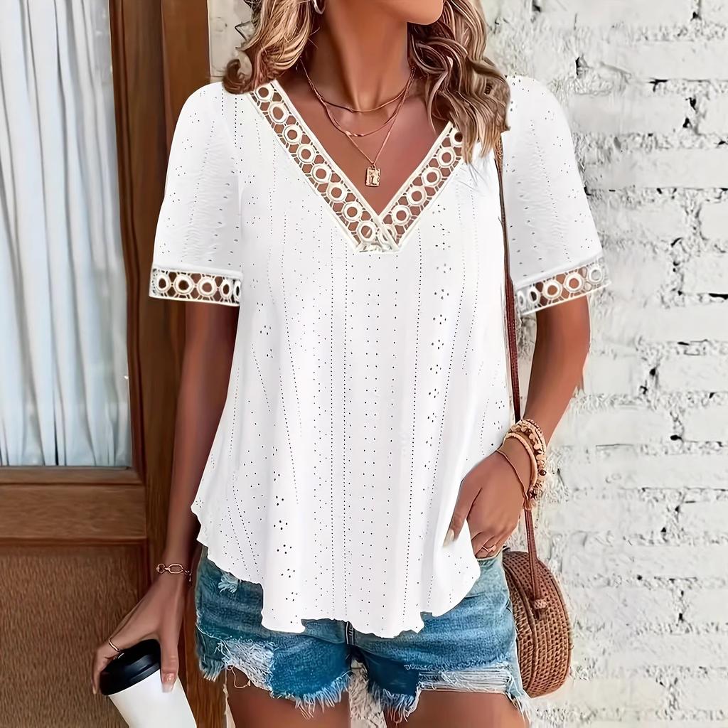 2026 Women's Spring/Summer Elegant Fashionable Comfortable Jacquard Short-Sleeve V-Neck Lace Trim T-Shirt Top