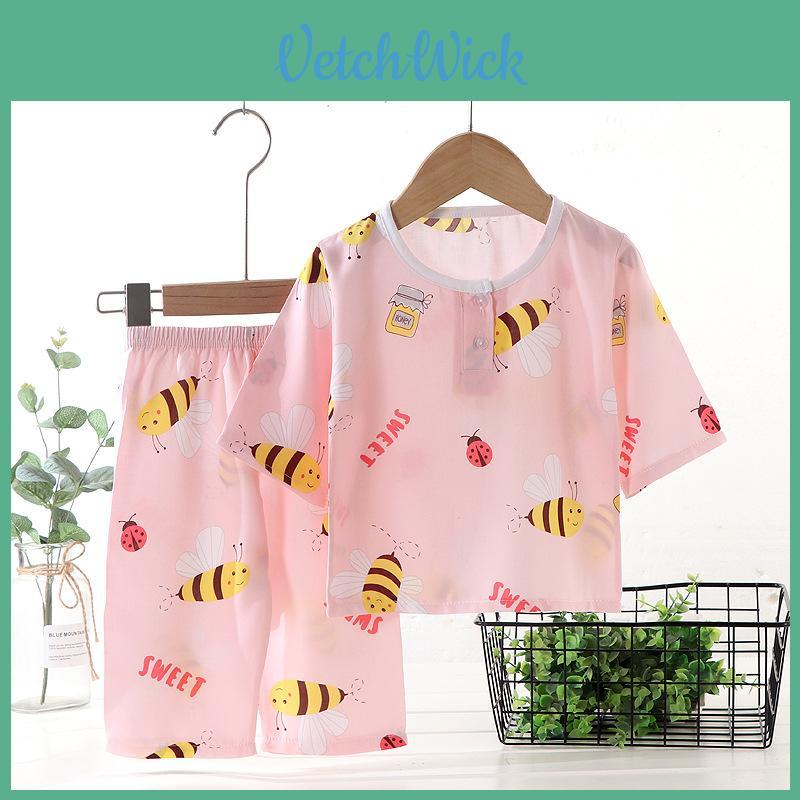 Dinosaur Kids Pajama Set With Cotton Satin Breathable Fabric For Summer Sleepwear
