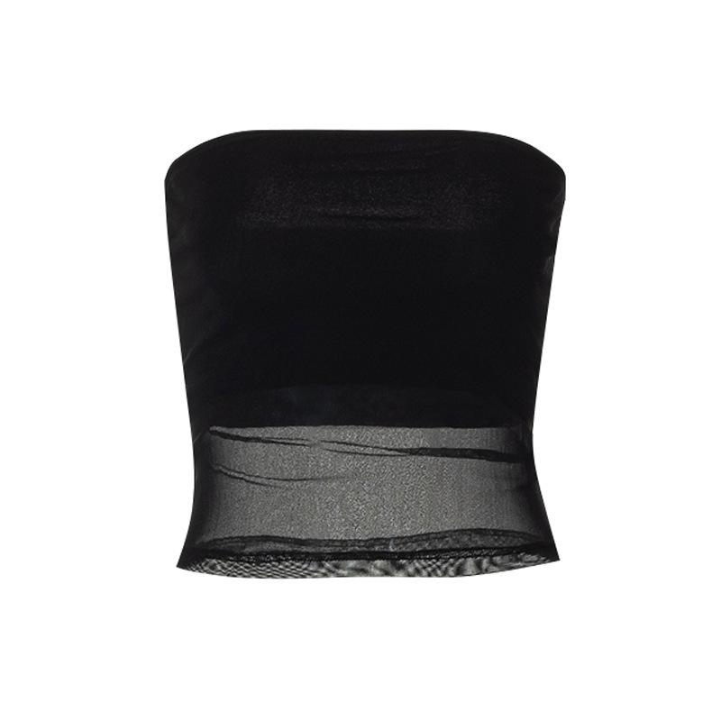 Summer 2022 Solid Color Sleeveless Mesh See-Through Crop Top Vest - Women's Casual European American Style