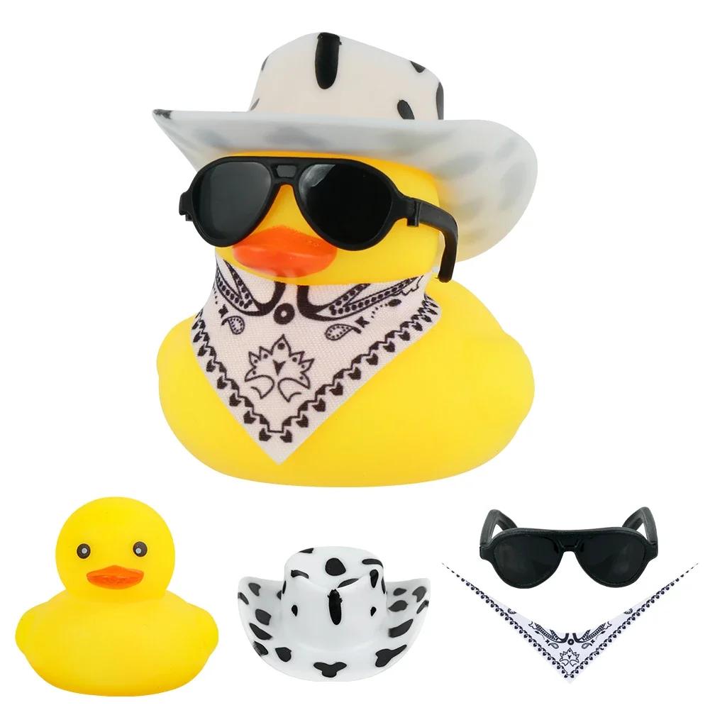 Rubber Duck with Swim Ring Hat Scarf Glasses for Car Dashboard Squeaky Duck Bath Toy Yellow Duck Car Accessories Decorations