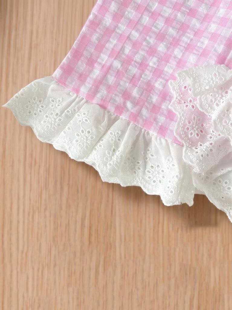 Summer Countryside Style Infant Baby Girls Clothing Set Sleeveless Top with Plaid Long Pants Retro Lace Butterfly Two Piece Outfit