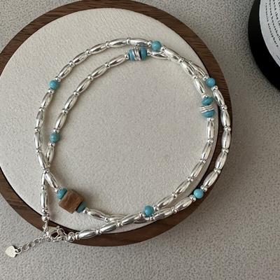 Women's Silver 925 Turquoise Bead Square Necklace