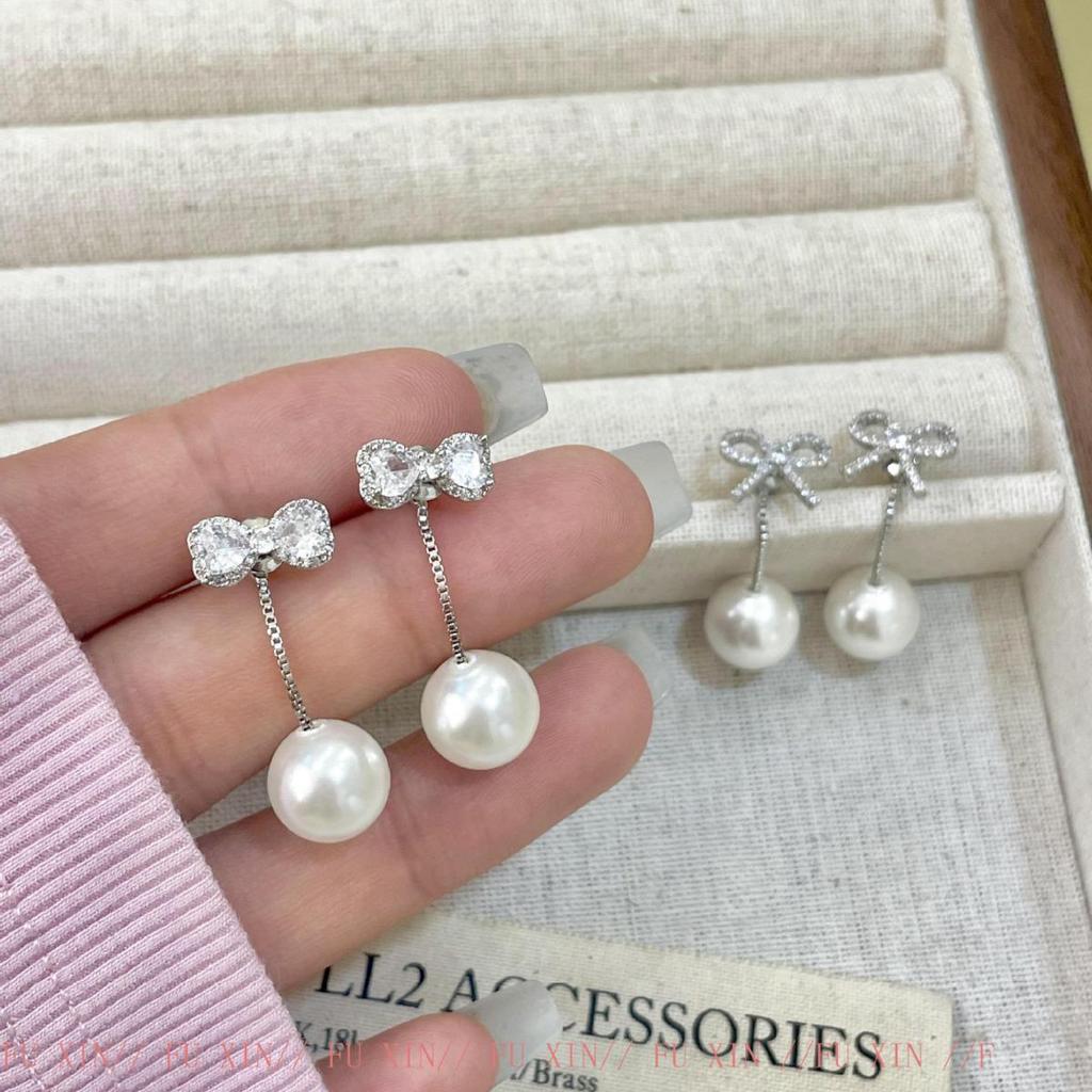 Pearl Bowknot Tassel Earrings, Luxury Elegant Heart Studs for Women.
