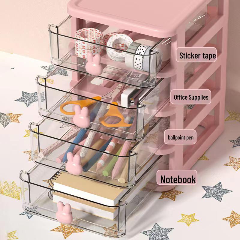 Kreativer Cartoon Hase Mini Schreibtisch Organizer mit transparenten Schubladen für Kinder Schreibwaren
