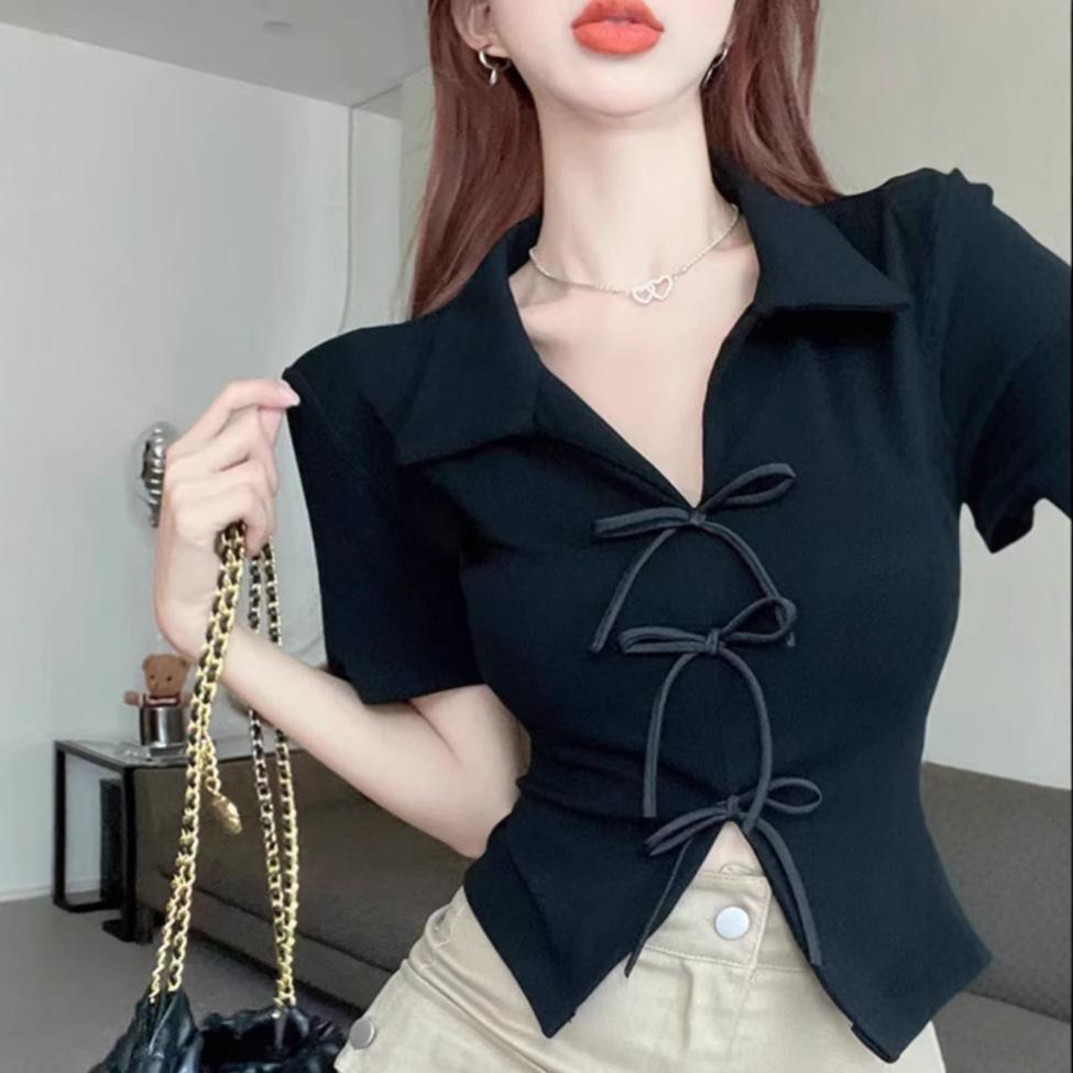 ins pure desire spice girl bow polo collar short-sleeved t-shirt women's summer design French short bottom short-sleeved top