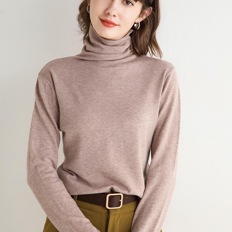 Women's High-Neck Solid Color Woolen Sweater - Slim Fit Knit Pullover for Autumn/Winter