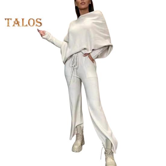 2 szt./zestaw Damski Zestaw Top i Spodnie Odkryte Ramiona Długie Rękawy Nietoperz Bluza Elastyczna Talia Rozszerzane Spodnie Dresowe Strój Sportowy Jesienny Casualowy Dres