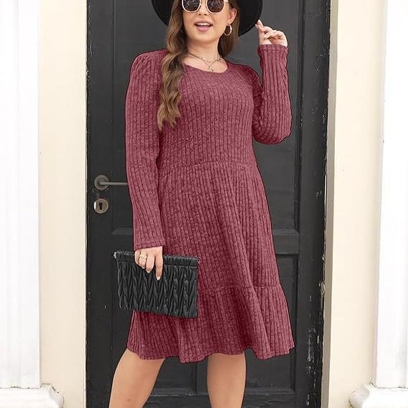 Women's Long Sleeve Ruffle Hem Midi Dress Textured Loose Casual Autumn Vintage Dress