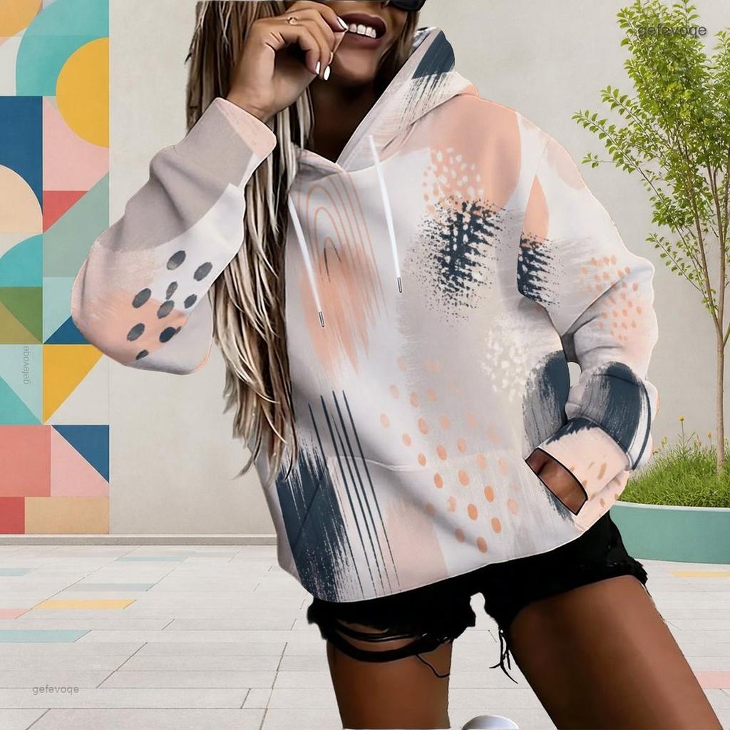 Women Plus Size Abstract Watercolor Printed Long Sleeve Drawstring Hoodie With Kangaroo Pocket
