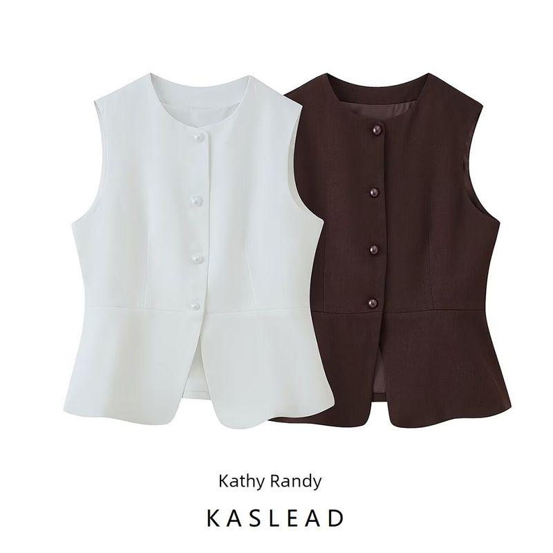 Kaslead New Women Clothes Western Style Fashion Simple and Versatile Two-Color Round Neck Suit Vest