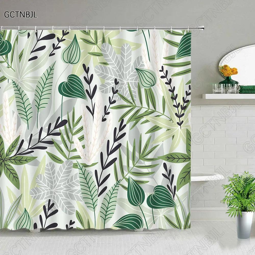 Tropical Green Plant Bathroom Shower Curtains Black Background Gold Palm Leaf Pattern Bath Curtain Waterproof Bathtub Home Decor