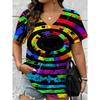Summer Fashion Vintage Stripes 3D Personality Printed T-shirt Women's Loose Comfortable Soft Breathable V-neck Short Sleeved T-shirt