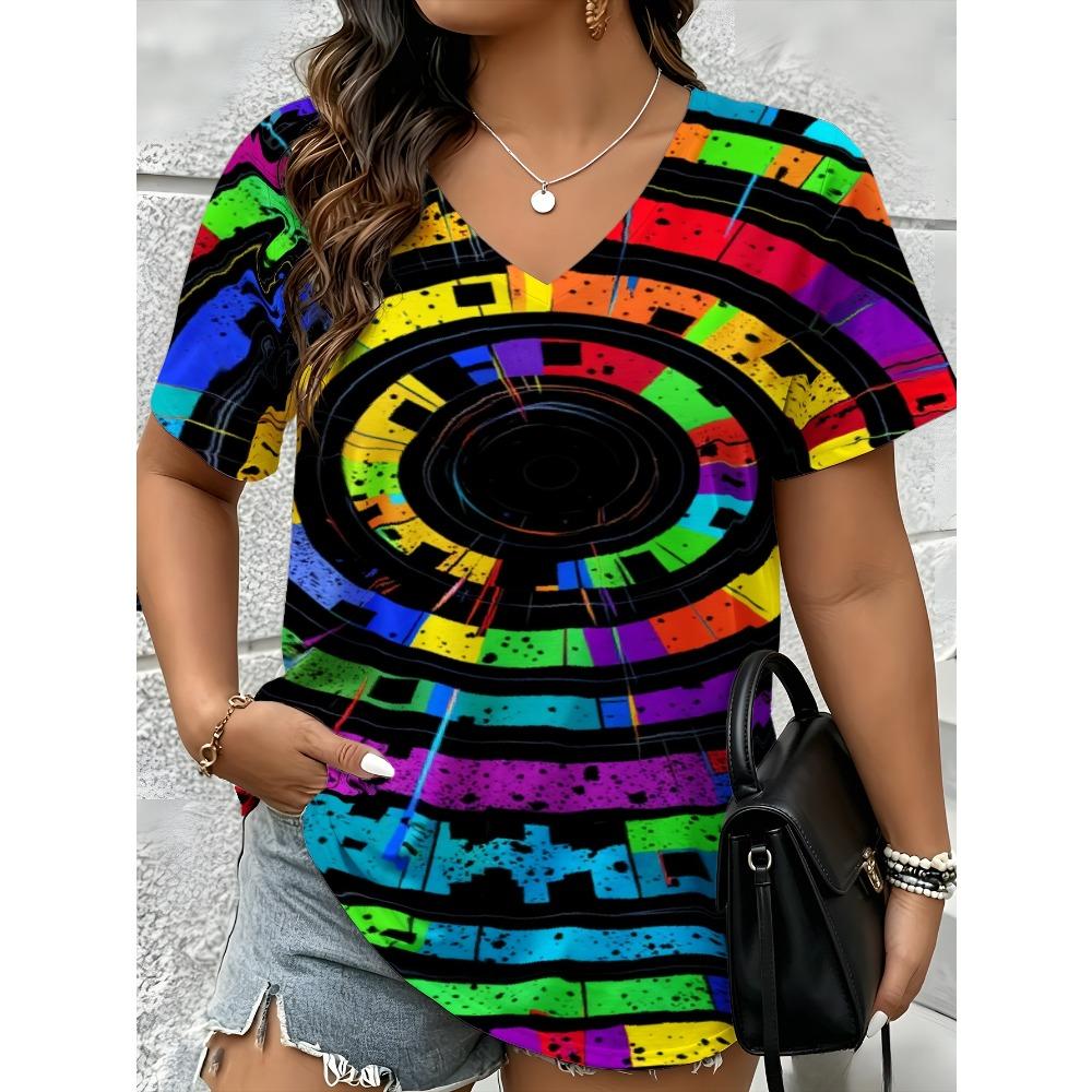 Summer Fashion Vintage Stripes 3D Personality Printed T-shirt Women's Loose Comfortable Soft Breathable V-neck Short Sleeved T-shirt