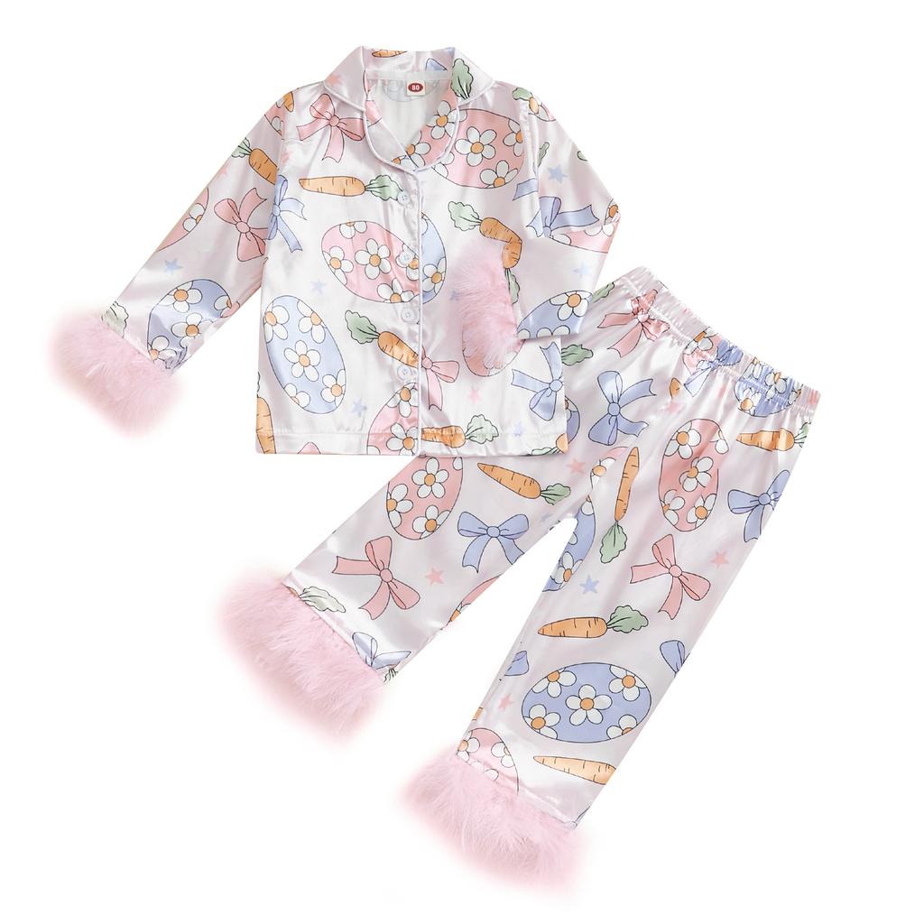 Baby Girls Easter Pajamas Feather Cuffs Egg Bow Print Button Long Sleeves Shirt with Elastic Pants for Loungewear
