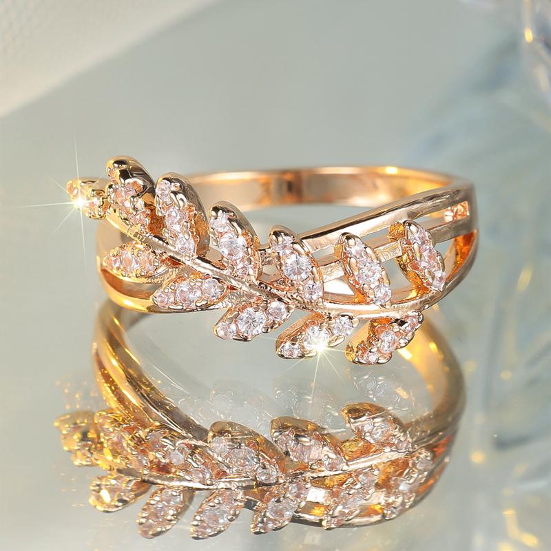Anelli vintage con foglia di zircone bianco per donna, anello di fidanzamento di lusso color oro rosa per matrimonio