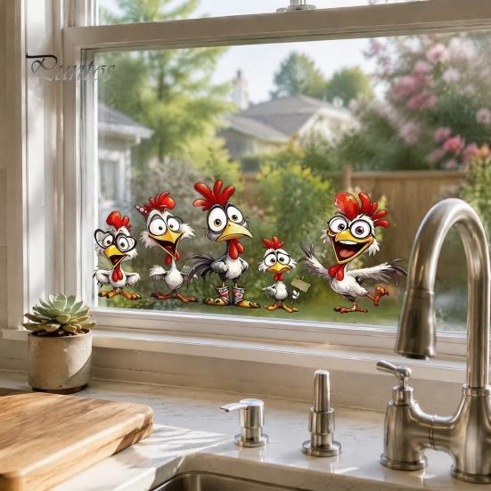 Cartoon Chicken Glass Stickers Rooster Static Sticker, Funny Roosters Window Clings, PVC Removable Outdoor Balcony Decor Decal, Waterproof Sunproof